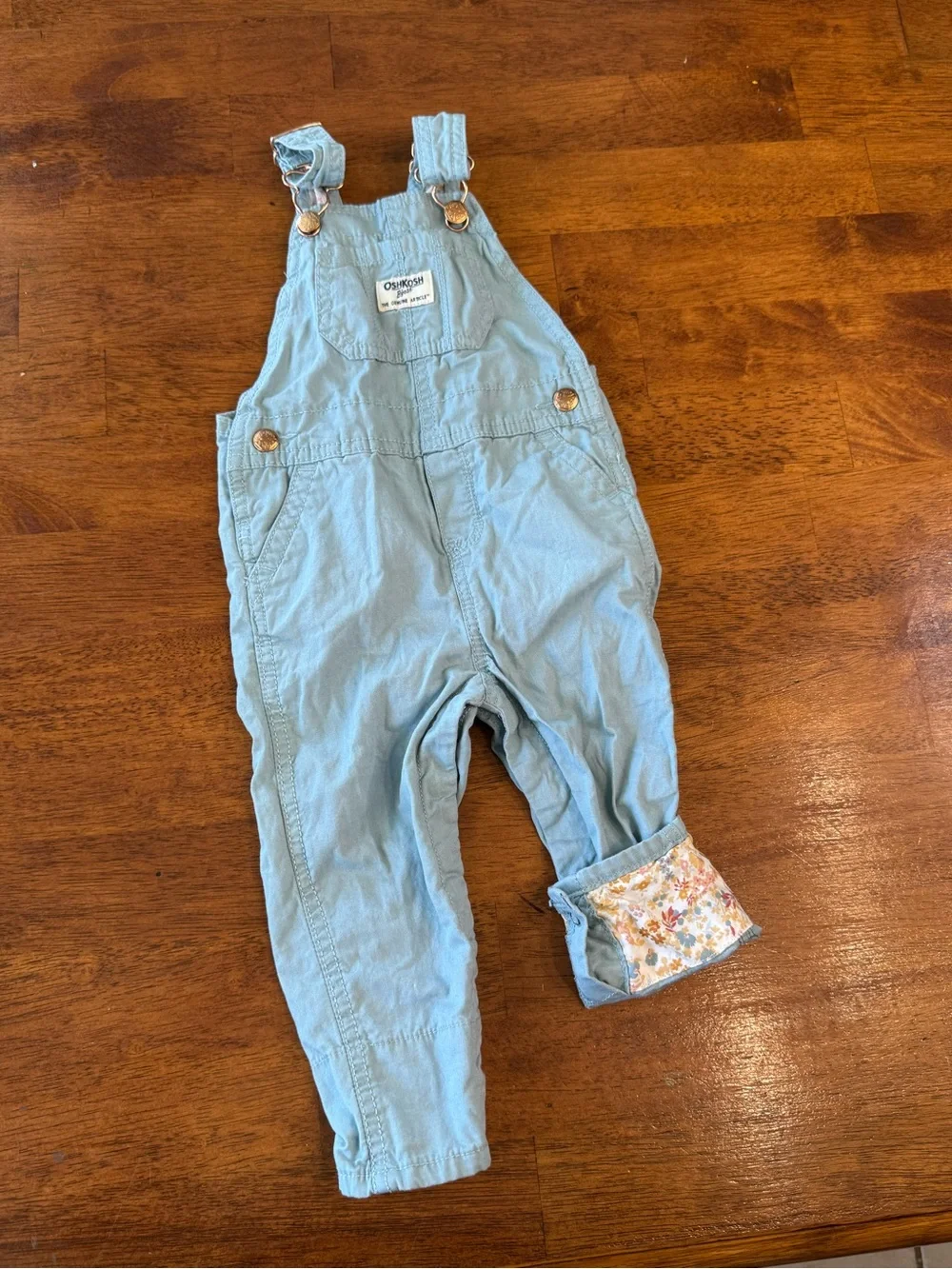OshKosh B’gosh Baby Girl Blue Canvas Overalls Floral Lined Cuff size 18 months